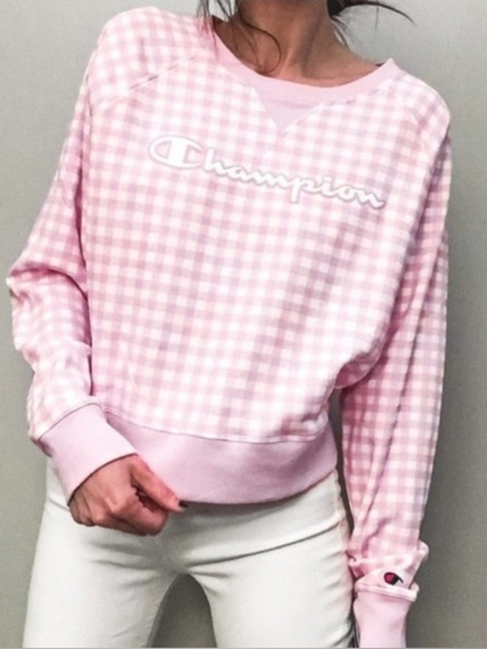 Champion Pink Gingham Crewneck with Script Logo